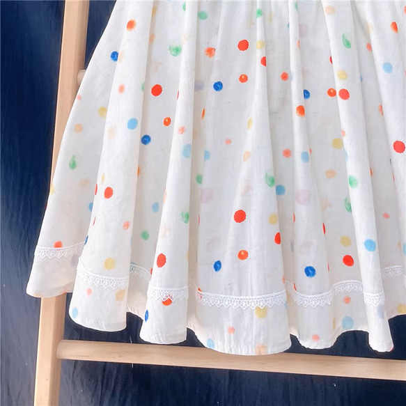 [500円割引]美しい柄 虹色水玉　パンツ型裏地付き　綿麻スカート　ギャザー ミニスカート 3枚目の画像