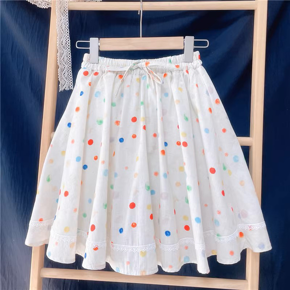 [500円割引]美しい柄 虹色水玉　パンツ型裏地付き　綿麻スカート　ギャザー ミニスカート 1枚目の画像