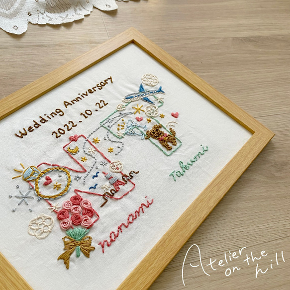 刺繍ウェルカムボード 結婚祝い 綿婚式 結婚2周年ギフトに♡「ふたりのストーリーイニシャル」 1枚目の画像