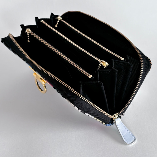 3ファスナーポケット/ 家計やりくり財布/植物柄ブラック 長財布 Mimity