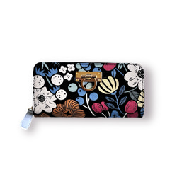 3ファスナーポケット/ 家計やりくり財布/植物柄ブラック 長財布 Mimity