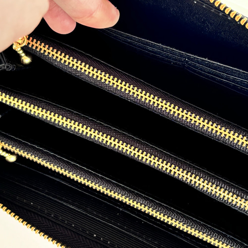 3ファスナーポケット/ 家計やりくり財布/植物柄ブラック 長財布 Mimity