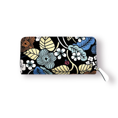 3ファスナーポケット/ 家計やりくり財布/植物柄ブラック 長財布 Mimity