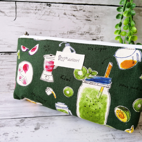 送料無料 新色 オリジナルポーチ フルーツとスムージー柄 グリーン 