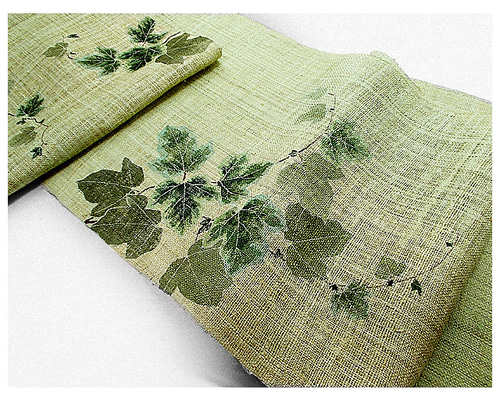 美品 木の実模様 薄緑 麻 薄物 夏用 絽 紗 開仕立て名古屋帯 137