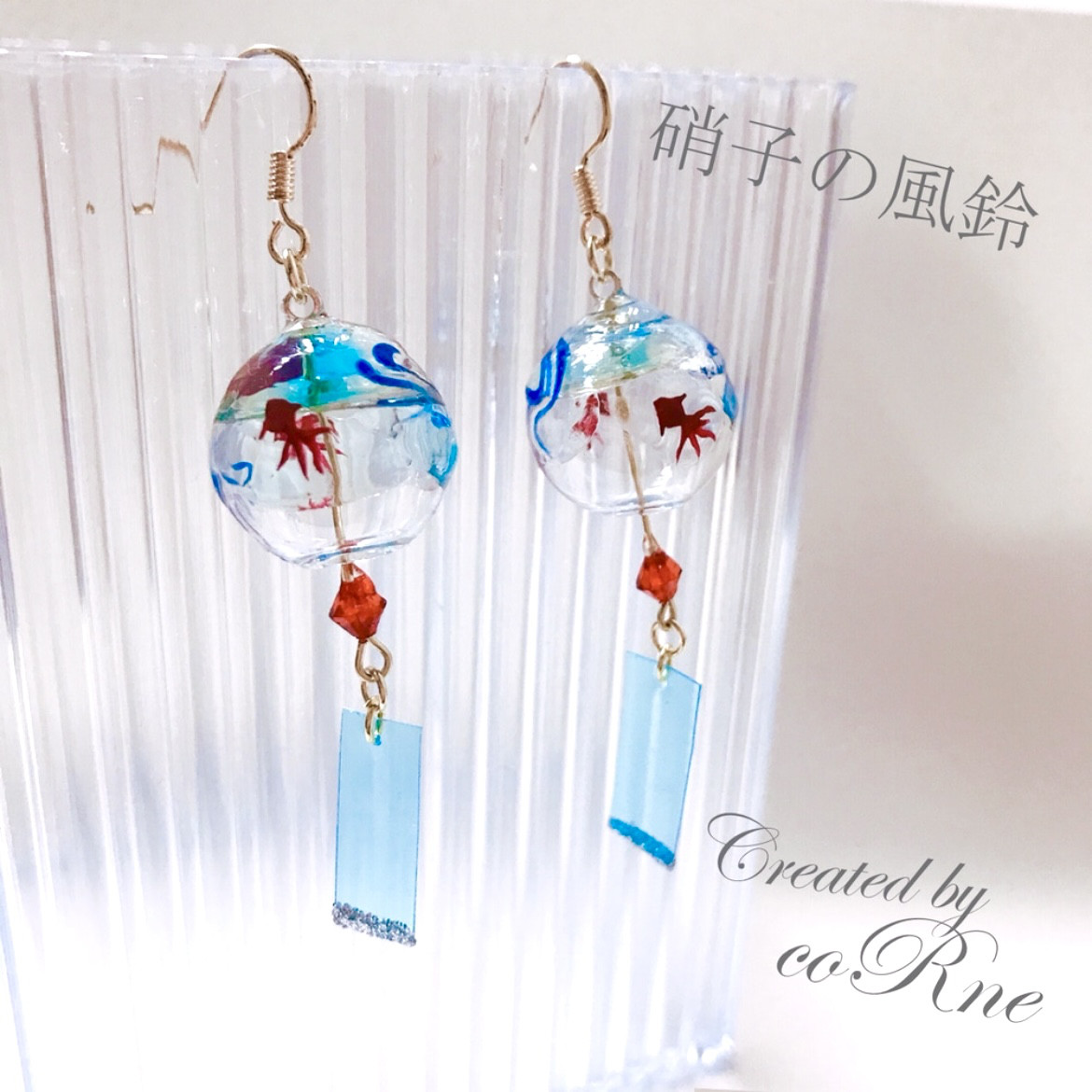 江戸ふうりん風  金魚が泳ぐ 手描き 絵付 ガラス風鈴ピアス＊片耳用＊再販×26