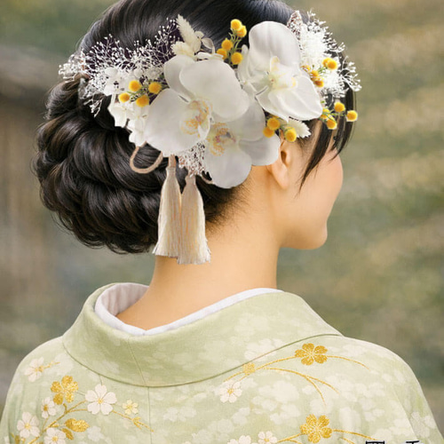 髪飾り 胡蝶蘭 九条 Cミモザ ヘッドドレス かすみ草 結婚式 前撮り 白