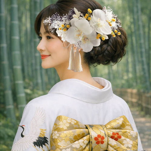 髪飾り 胡蝶蘭 九条 Cミモザ ヘッドドレス かすみ草 結婚式 前撮り 白