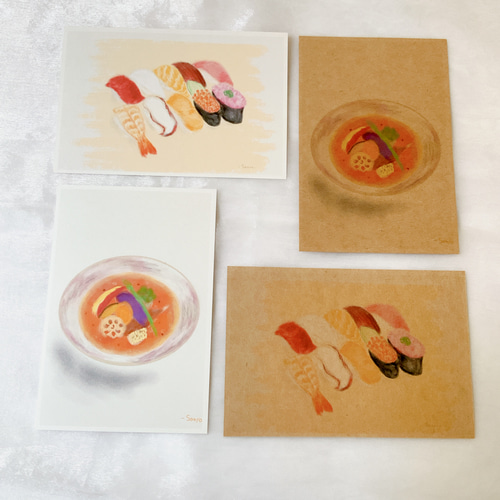 お寿司とスープカレー】4枚 ポストカード はがき 面白い ユニーク