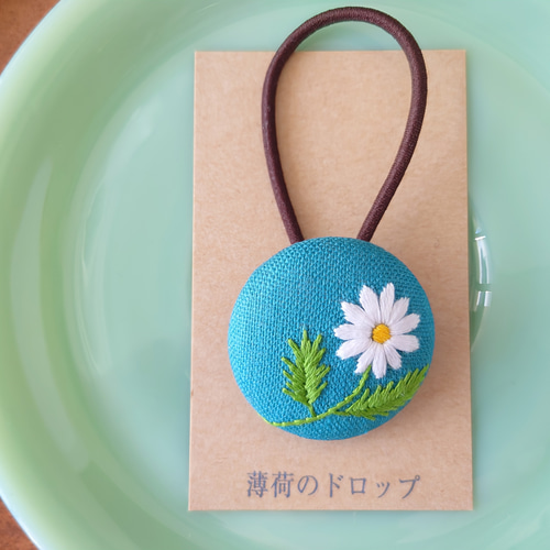 creema限定》刺繍ヘアゴム「マーガレット・ターコイズグリーン38 