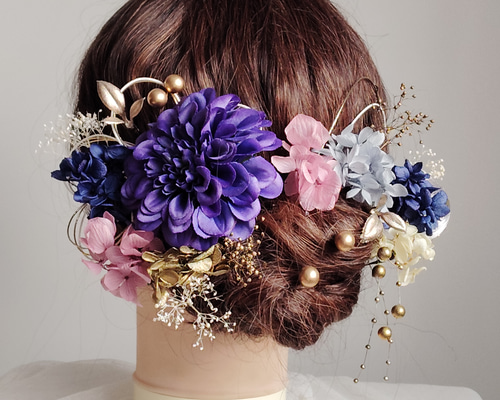 花＿ ブルーパープルジニアの髪飾り 紫 青 紺 ネイビー 和モダン 色打