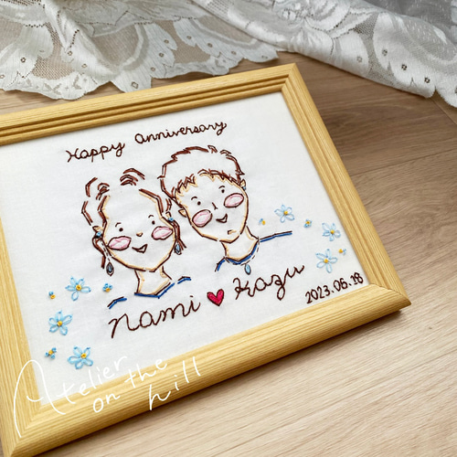 刺繍の似顔絵ウェルカムボード（額つき）☆オーダーメイド☆