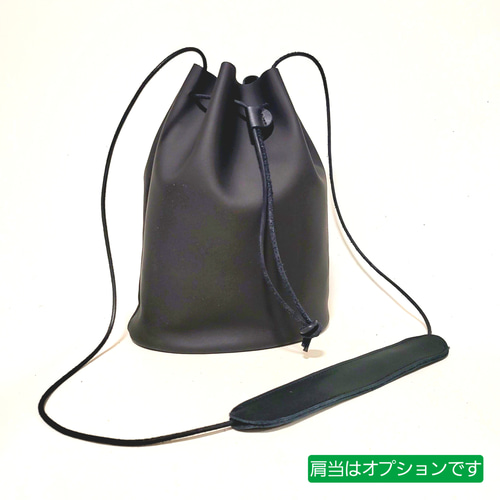 黒い革製かごバッグ（巾着袋付き） 巾着型 軽量 ソフト 牛革 バッグ(大) | 株式会社 chi.wata