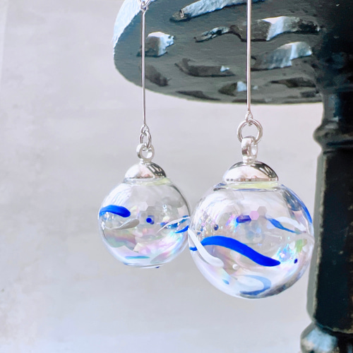 ジャンボ18mm玉》ヨーヨー水風船ピアス /イヤリング 《ブルー×ロジウム