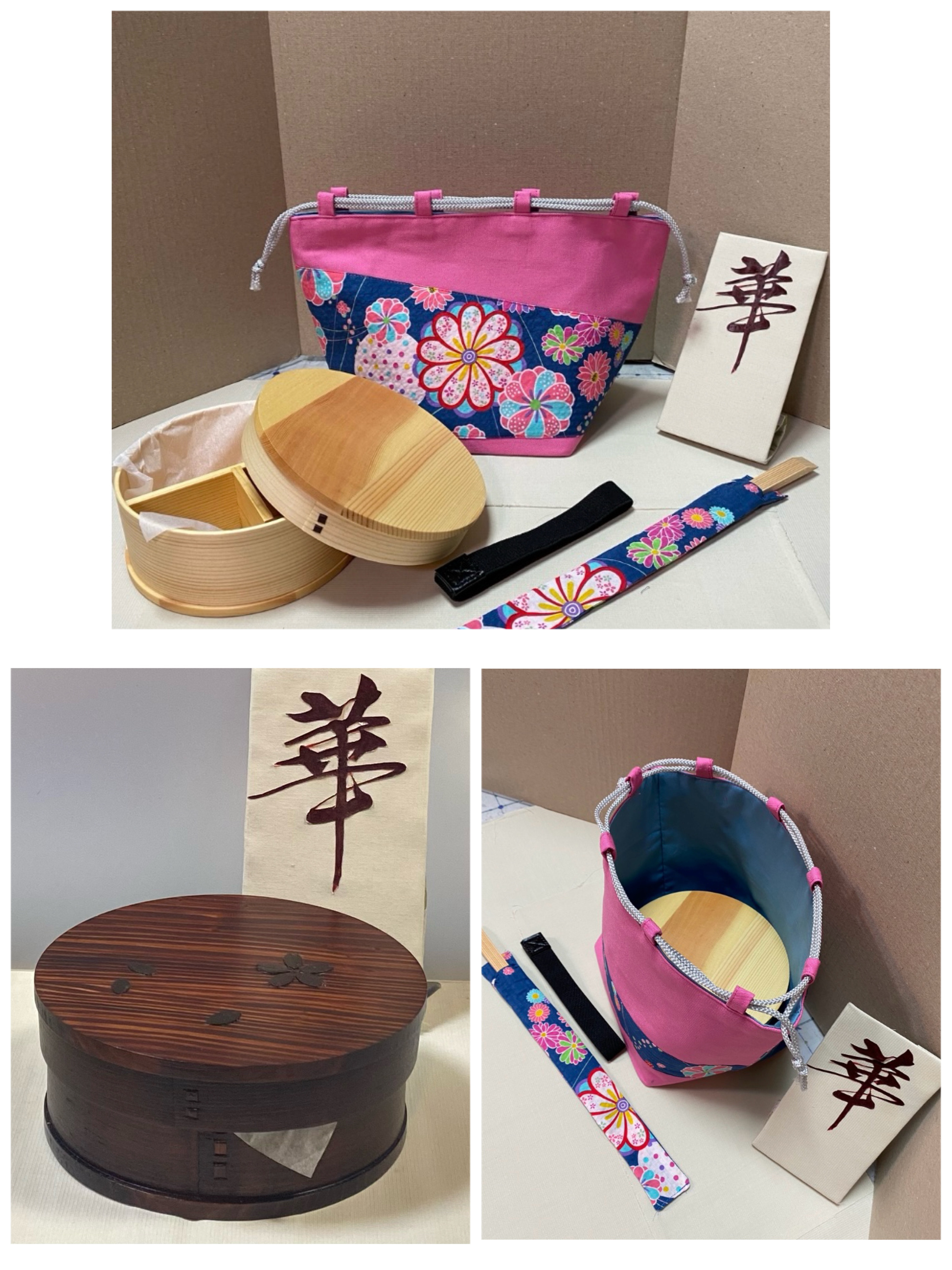 四点セット　浴衣手毬巾着ピンク　天然杉わっぱ白丸弁当箱 or桜柄漆白杉2種類選べる　箸袋　ゴムバンド  化粧ポーチ