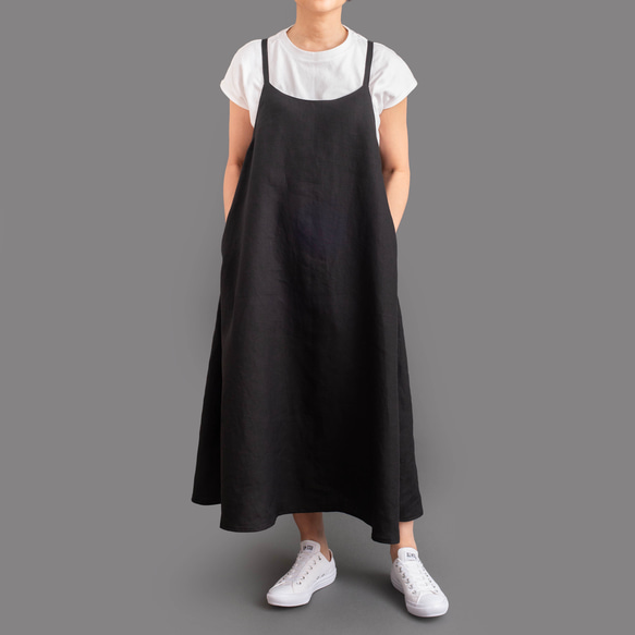 定番人気【姿の美しいジャンパースカート】リネン　サイズSML　体形に合わせてお作りもできます　黒　ストラップ型 6枚目の画像