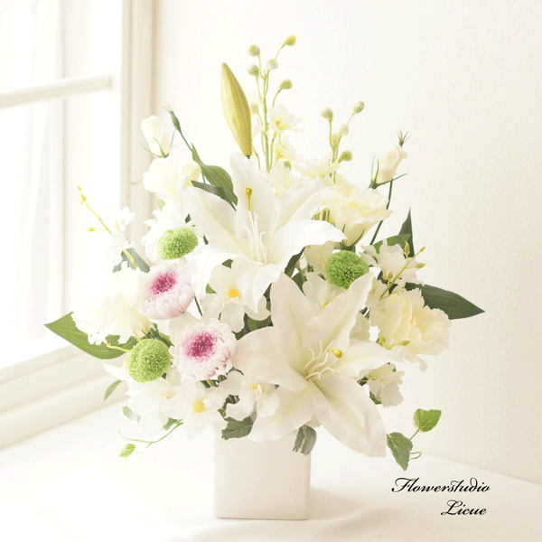 【仏花】カサブランカと輪菊のスペシャル仏花　プリザーブドフラワ＆アーティフィッシャルフラワー使用　初盆の贈り物に