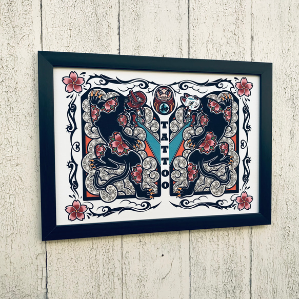 尾九 タトゥーアート 黒豹桜吹雪 A4サイズ フレーム付き 3枚目の画像