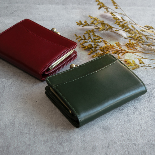 送料無料】上品な高級イタリアンレザー 二つ折りがまぐち 短財布 モス