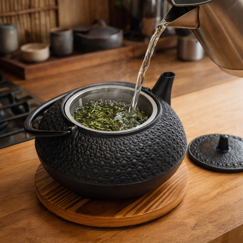 南部鉄器 鉄瓶兼用急須 5型新亀甲0.65L 茶漉し付 黒焼付仕上 日本製 直 
