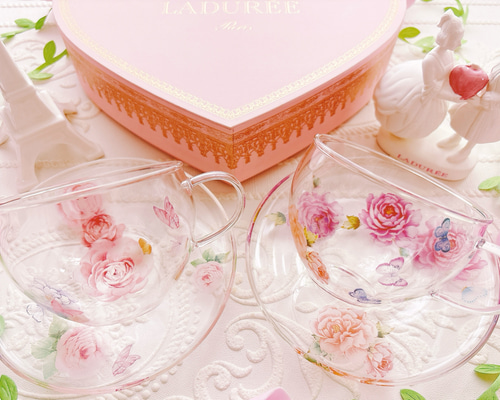 花柄ガラスティーカップ＆ソーサー1客 芍薬柄orローズ柄 ティーカップ