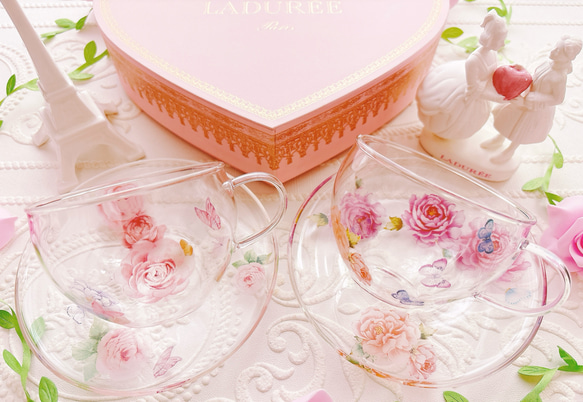 花柄ガラスティーカップ＆ソーサー1客 芍薬柄orローズ柄 ティーカップ
