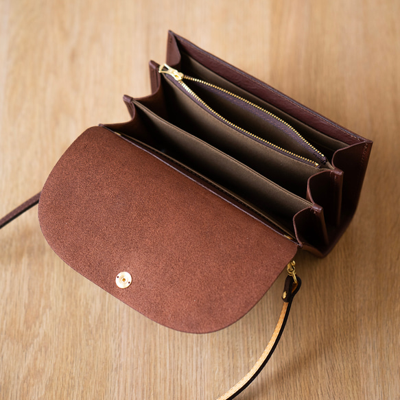 【 送料無料 】上質な本革ミネルバボックスのお財布ポシェット タバコ(焦げ茶) ギフト ご褒美 4枚目の画像