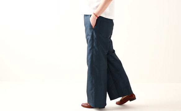 大島紬のゆったりワイドパンツ　お好きな着丈で　大人の普段着　着物リメイク 1枚目の画像