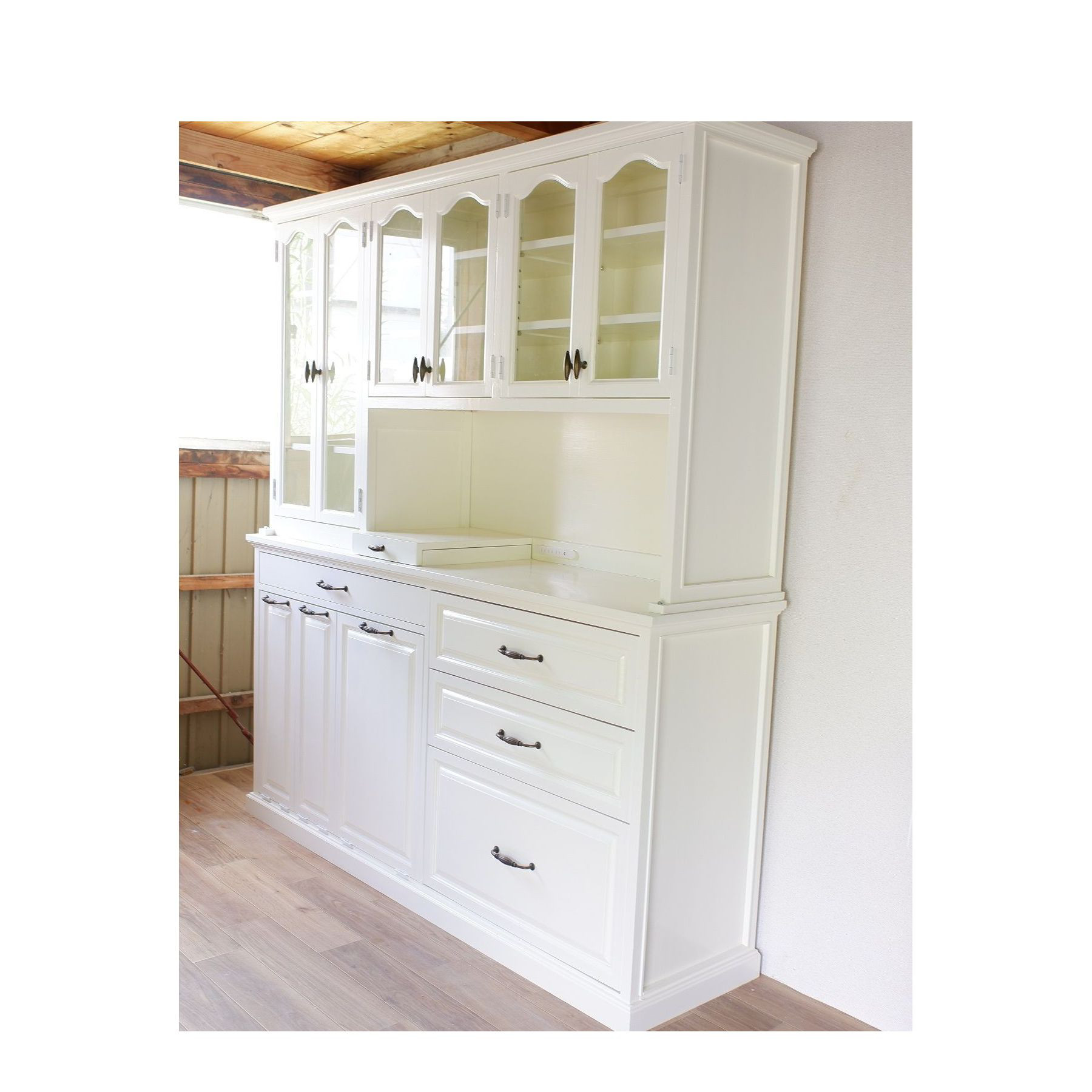 ダストボックス付き食器棚　ミルキーホワイト塗装