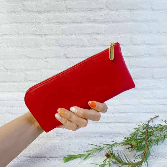 薄くて軽くて大容量なL字長財布 14枚カードポケット 牛革シュリンク レッド 日本製 2枚目の画像