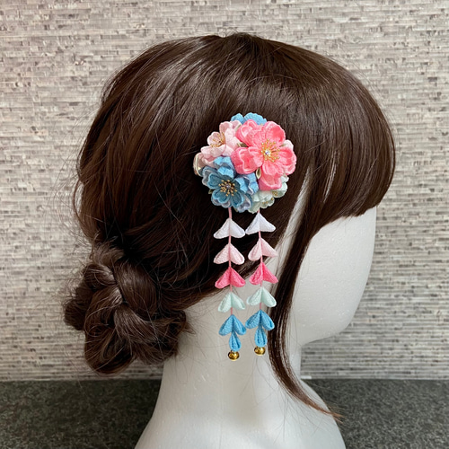 つまみ細工 七五三髪飾り 桃色と薄藍色 *ヘアクリップ *桜 *水色