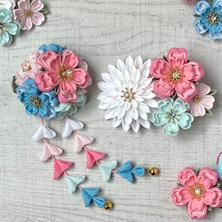 つまみ細工 七五三髪飾り 桃色と薄藍色 *ヘアクリップ *桜 *水色