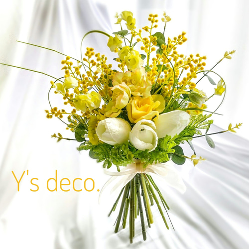 ウェディングブーケアーティフィシャルフラワーブートニア黄色イエロー和装
