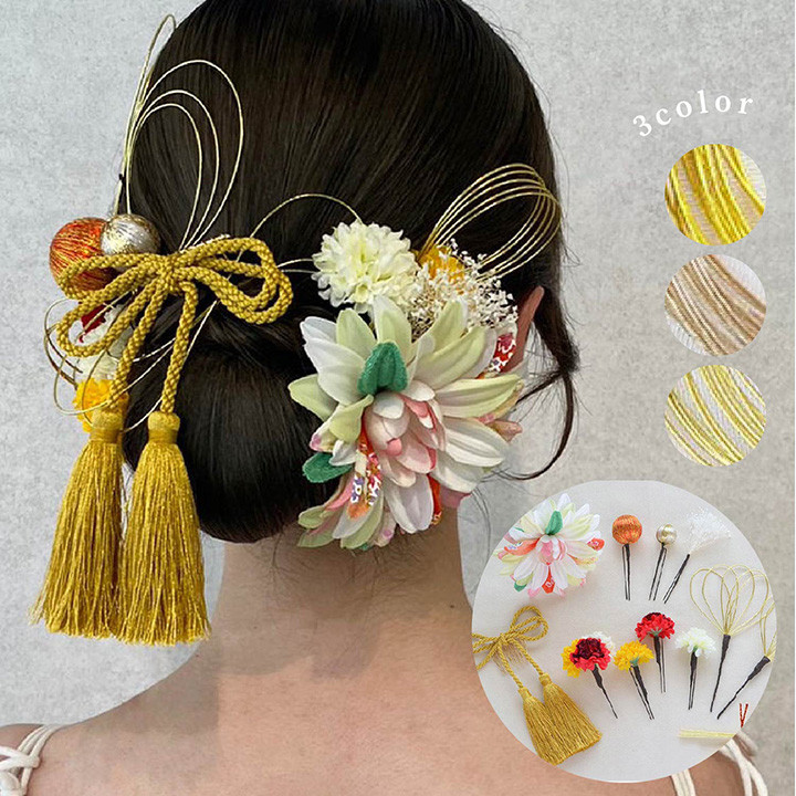 成人式・結婚式/ちりめん・ 組紐リボン 髪飾り/ホワイト 白/造花・ドライフラワー[wa121w]