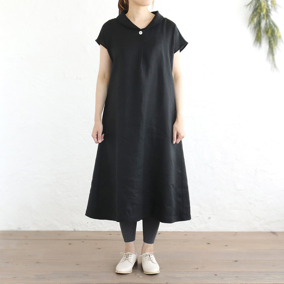 亞麻披肩領連衣裙寬鬆A字型（黑色）OP06。 第5張的照片