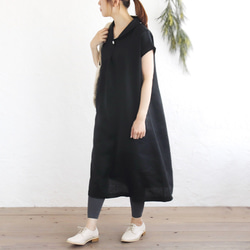 亞麻披肩領連衣裙寬鬆A字型（黑色）OP06。 第2張的照片