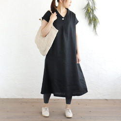 亞麻披肩領連衣裙寬鬆A字型（黑色）OP06。 第3張的照片