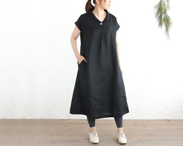 亞麻披肩領連衣裙寬鬆A字型（黑色）OP06。 第1張的照片