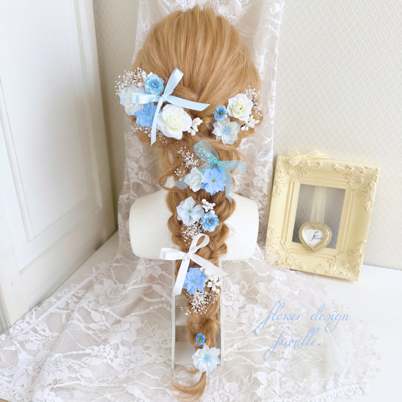 新作 やわらかな気品 ブルー ✧ リボン× 水色 × ホワイト 髪飾り