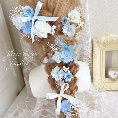 リボン　ヘアゴム♡カノンリボン～long～♡花柄ブルー♡ハンドメイド やわらかな気品 ブルー ✧ リボン × 水色 × ホワイト 小花の髪飾り