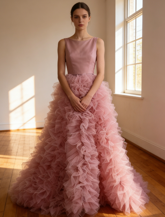 送料無料！美品！ ピンクカラードレス ソフトチュール 重ねたチュール