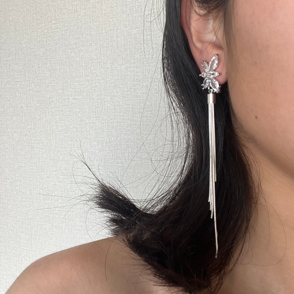 ブライダルピアス ビジューピアス タッセル ピアス ジルコニアピアス ウェディング アクセサリー クリスタル シルバー 10枚目の画像