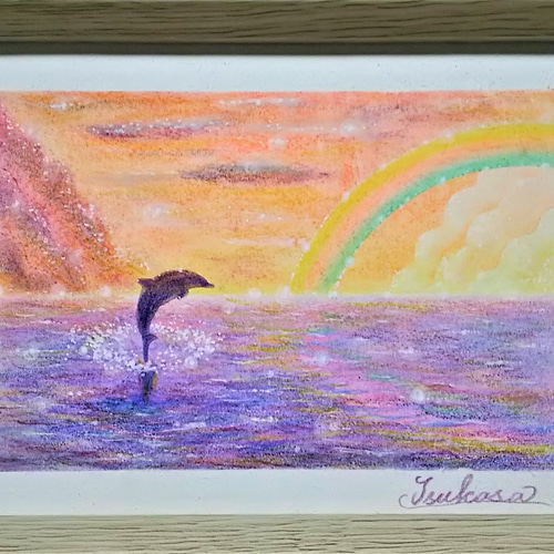 海とイルカのパステルアート 紅の空、虹の彩り パステル画原画 海とイルカのパステルアート 紅の空、虹の彩り パステル画原画
