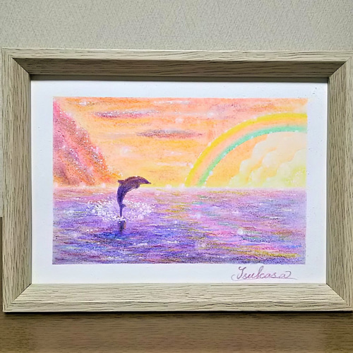 海とイルカのパステルアート 紅の空、虹の彩り パステル画原画 絵画 