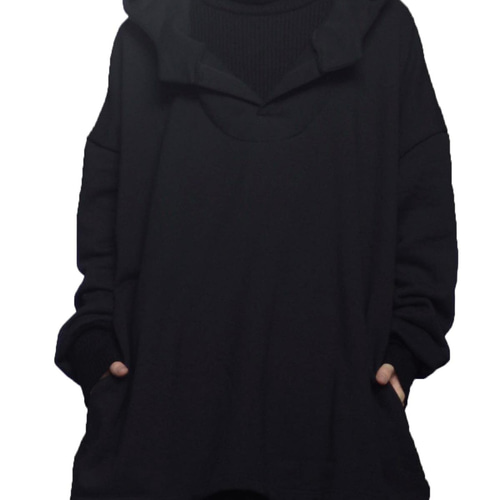 リブニット切り替えタートルネック裏起毛スウェットビッグパーカー