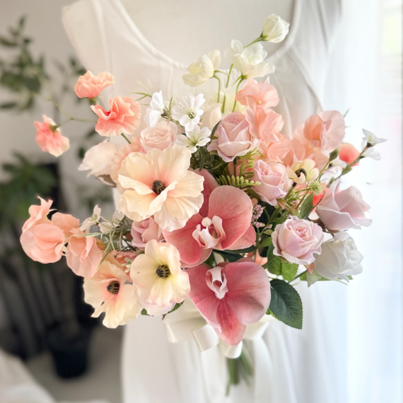 レンタル戻り】アプリコットピンク×ブルークラッチブーケ☆ブートニア