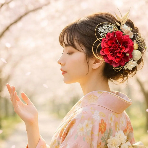 両サイドに華やぐ髪飾り ワインレッド ダリア 上品 成人式 前撮り 卒業