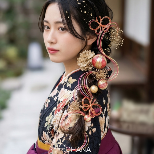 成人式 髪飾り ﾚｯﾄxｺﾞｰﾙﾄﾞ 水引 蝶々 七五三 結婚式 前撮り 振袖 袴
