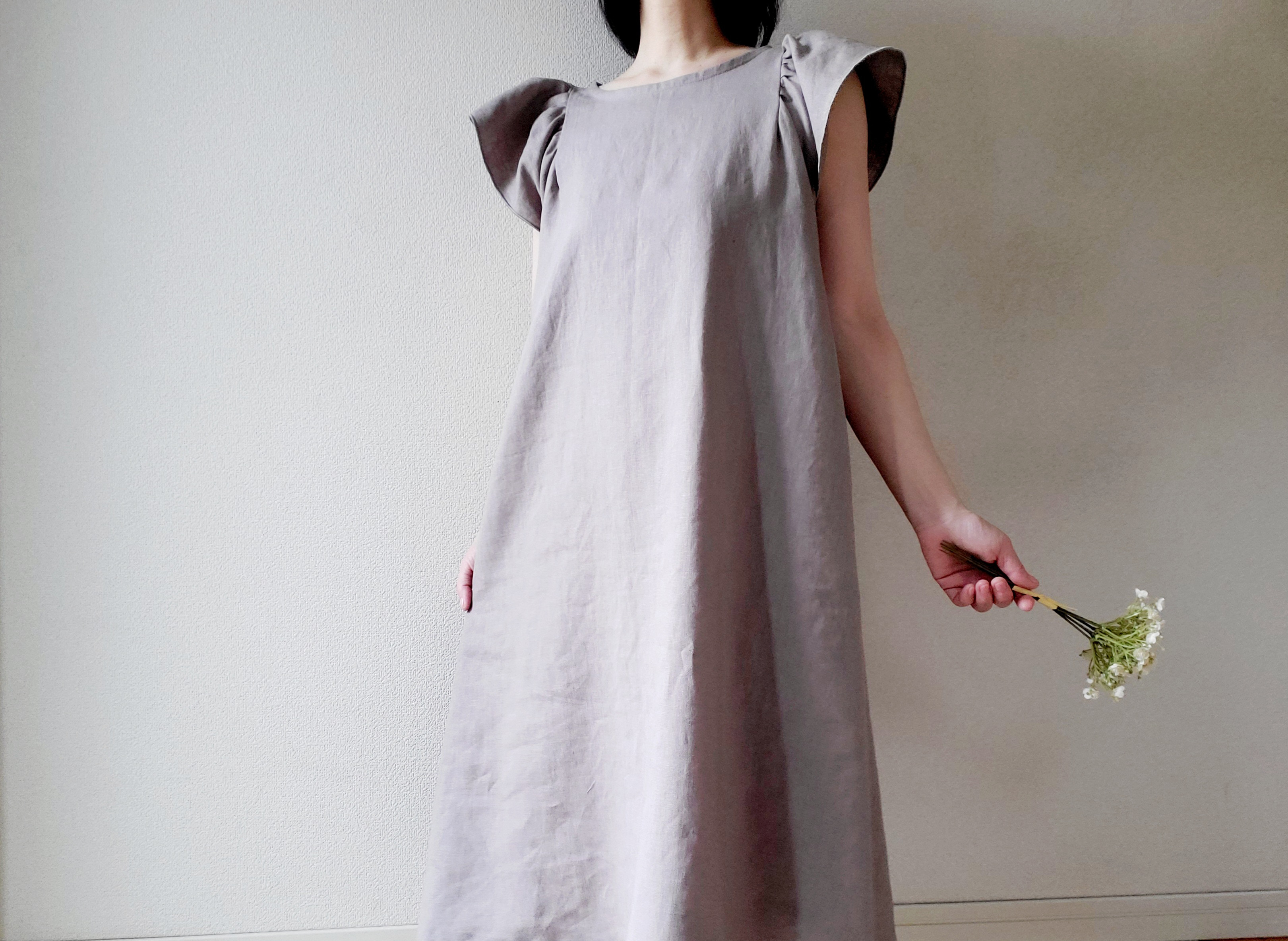 【風が通る服】ふわりとしたお袖がほっそり華奢みえ♡ゆったり心地よいリネンワンピース 潤色