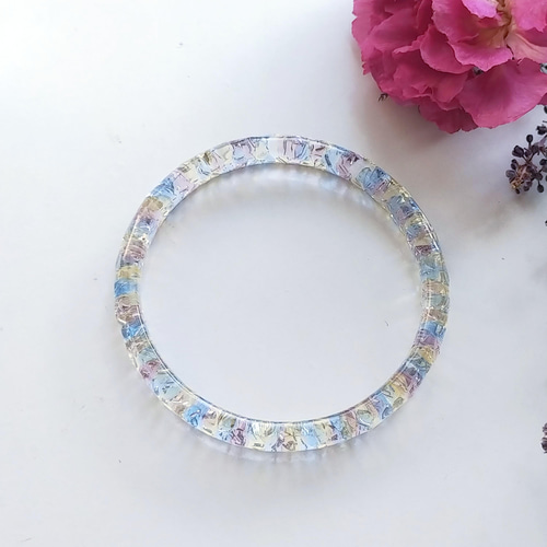 レジンバングル　シルバー　くすみブルー　ローズクォーツ　天然石　クリスタル 青い鳥の涙 ティアドロップバングル〜 タンザナイト クリア バングル